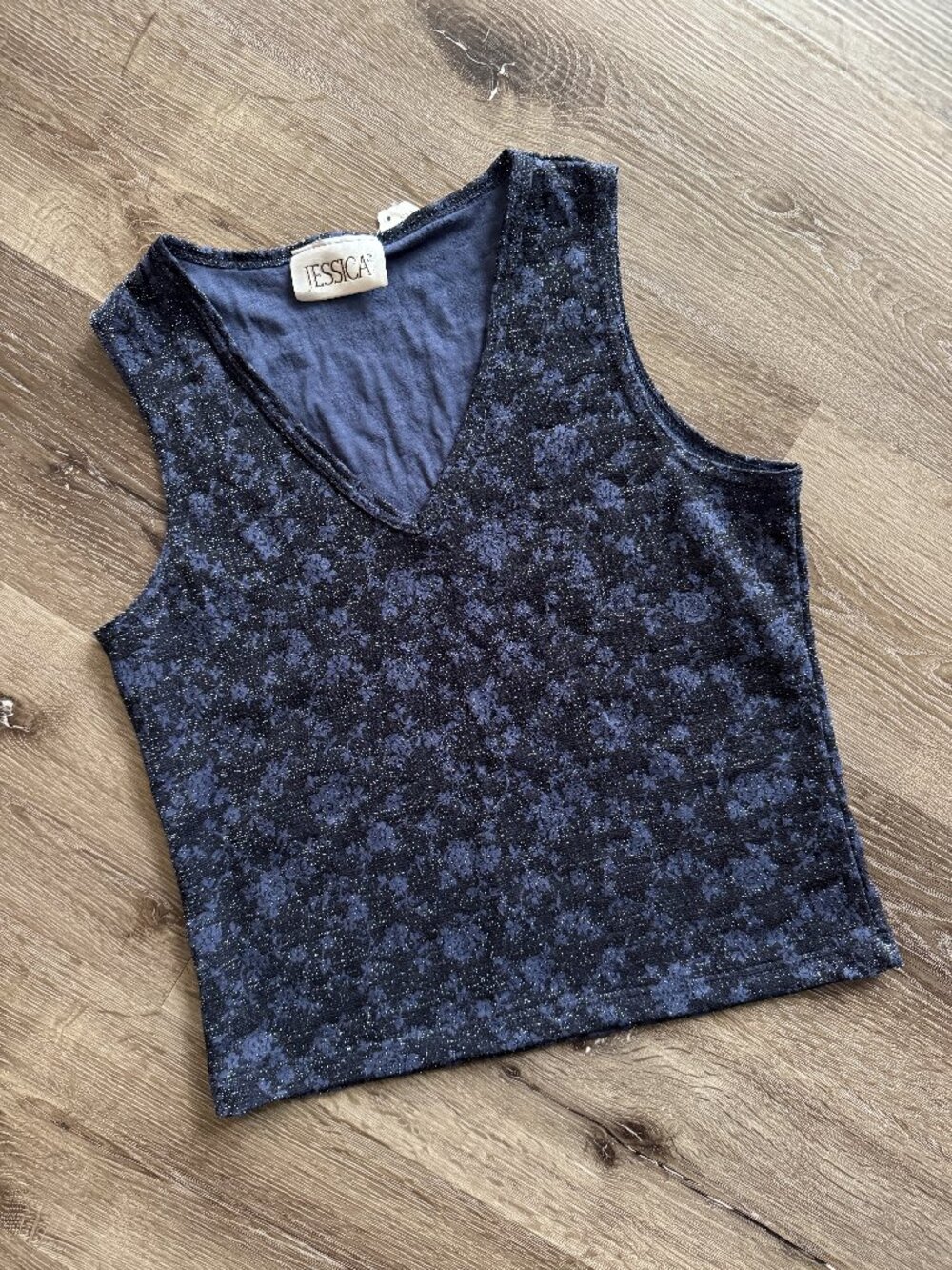 Vintage 90s Jessica Tank Top | Navy Shimmery Floral Whimsigoth V Neck M